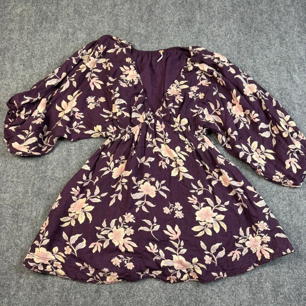 Free People Portia Floral Mini Dress Womens Small Purple Linen Boho Cottagecore